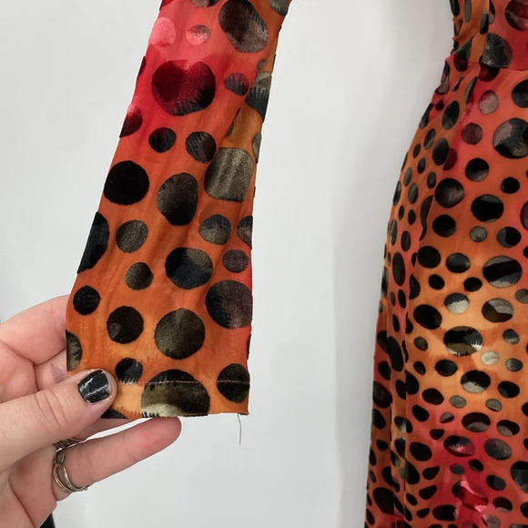 Huminska NY Faux Wrap Dress Womens Sz 0 Orange Burnout Velvet Long Sleeve V-Neck - Picture 6 of 12